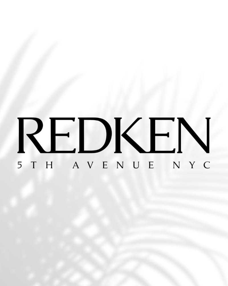 Redken logo with palm leaf shadow, 5th Avenue NYC text in elegant font.