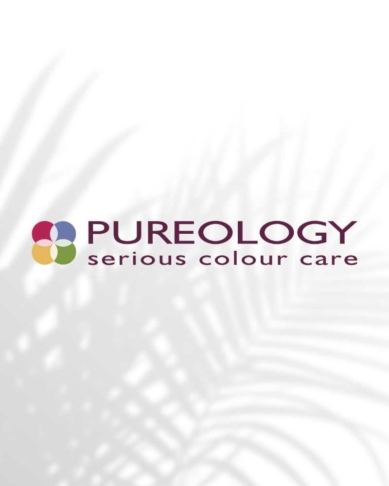 Pureology logo with palm leaf shadow in the background.