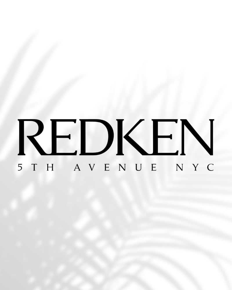 Redken logo with palm leaf shadow, 5th Avenue NYC text in elegant font.
