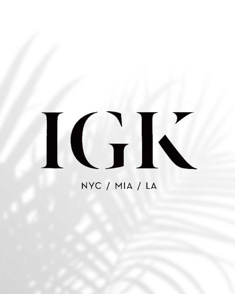 Logo with "IGK" and cities NYC, MIA, LA overlaid on shadowed palm fronds.